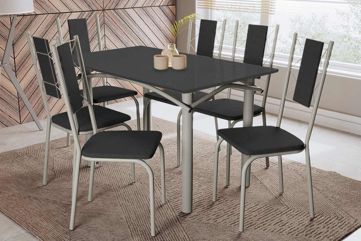 Sala Jantar Mesa Elba Tampo Madeirado c/ Vidro 120cm e 6 Cadeiras Lisboa - Kappesberg