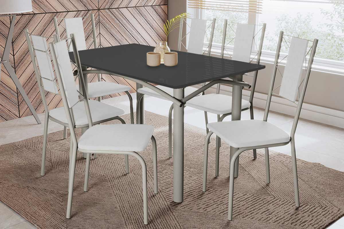 Sala Jantar Mesa Elba Tampo Madeirado c/ Vidro 120cm e 6 Cadeiras Lisboa - Kappesberg