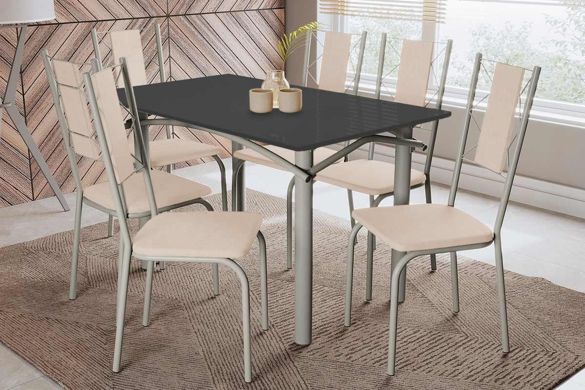Sala Jantar Mesa Elba Tampo Madeirado c/ Vidro 120cm e 6 Cadeiras Lisboa - Kappesberg