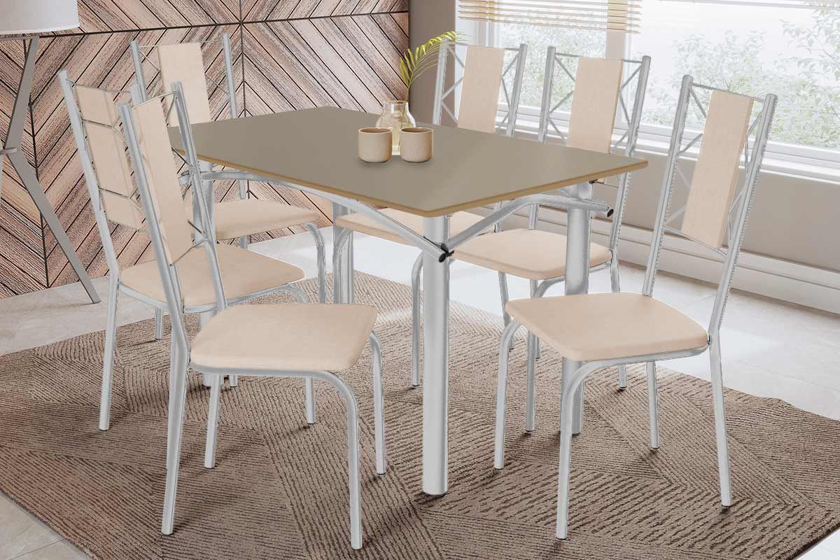 Sala Jantar Mesa Elba Tampo Madeirado c/ Vidro 120cm e 6 Cadeiras Lisboa - Kappesberg