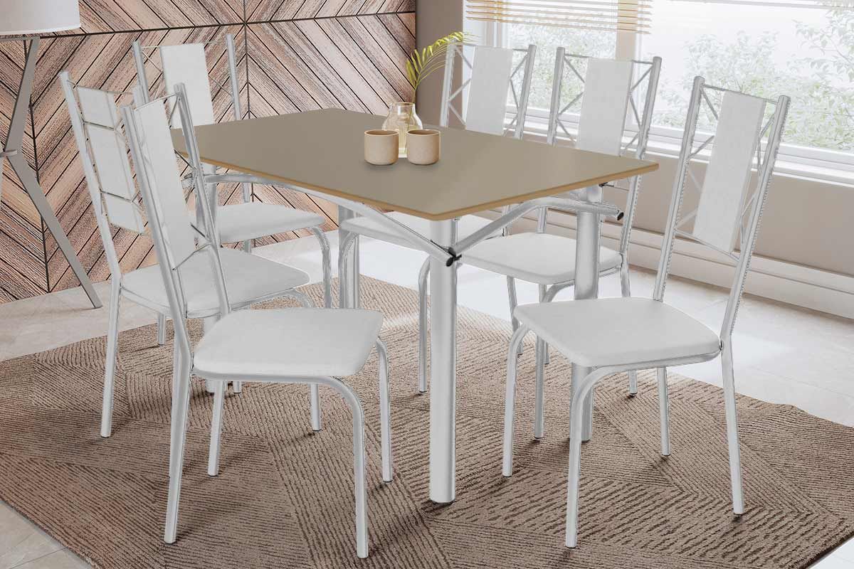 Sala Jantar Mesa Elba Tampo Madeirado c/ Vidro 120cm e 6 Cadeiras Lisboa - Kappesberg