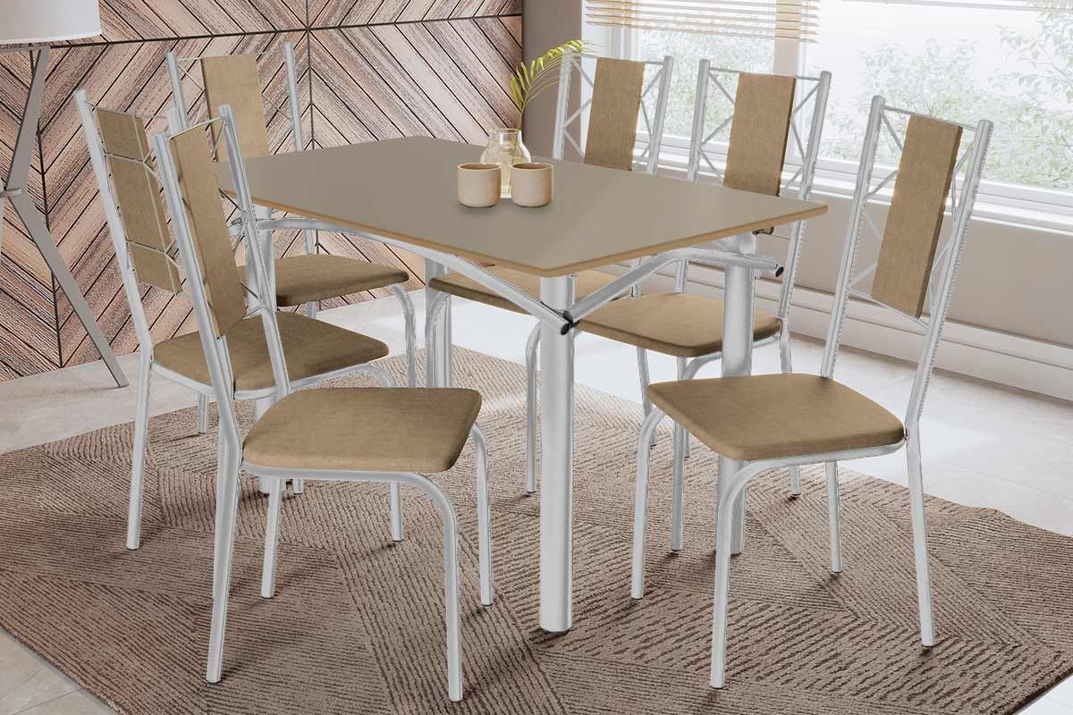 Sala Jantar Mesa Elba Tampo Madeirado c/ Vidro 120cm e 6 Cadeiras Lisboa - Kappesberg