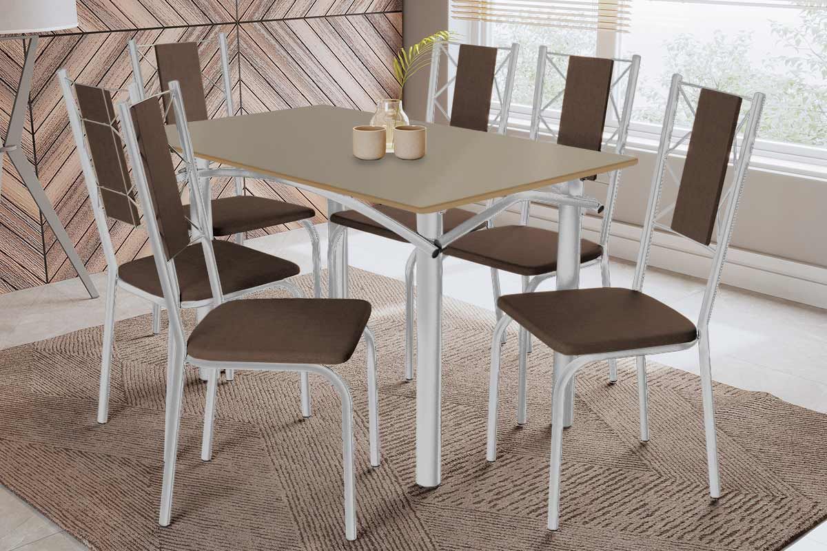 Sala Jantar Mesa Elba Tampo Madeirado c/ Vidro 120cm e 6 Cadeiras Lisboa - Kappesberg