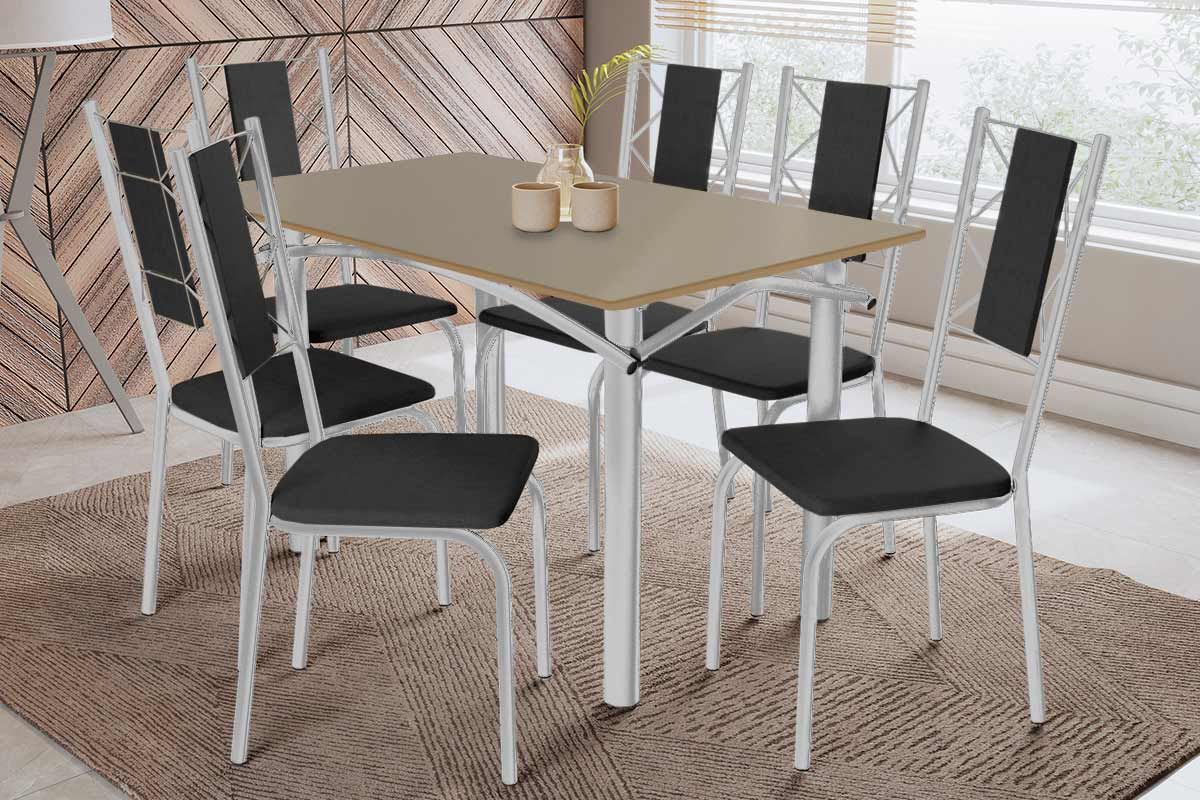 Sala Jantar Mesa Elba Tampo Madeirado c/ Vidro 120cm e 6 Cadeiras Lisboa - Kappesberg
