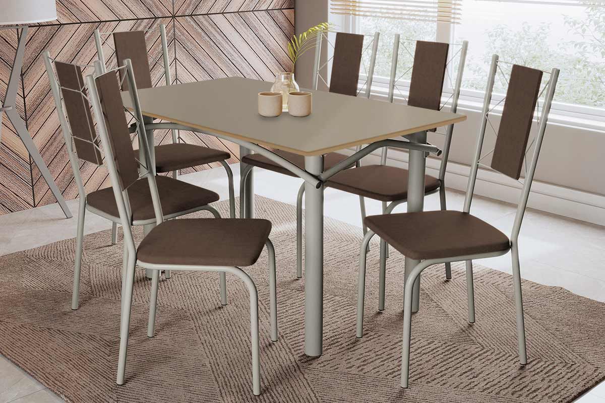 Sala Jantar Mesa Elba Tampo Madeirado c/ Vidro 120cm e 6 Cadeiras Lisboa - Kappesberg