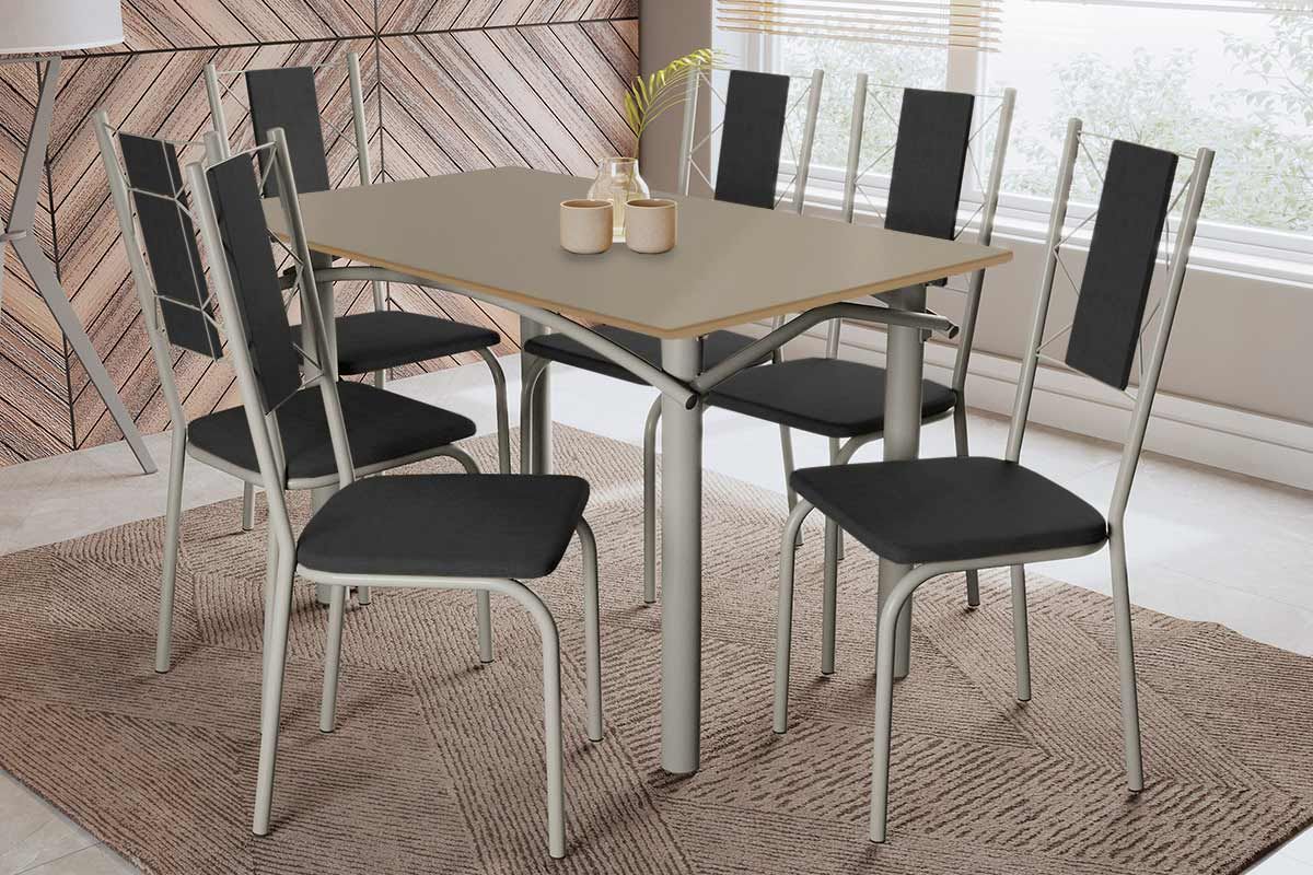 Sala Jantar Mesa Elba Tampo Madeirado c/ Vidro 120cm e 6 Cadeiras Lisboa - Kappesberg