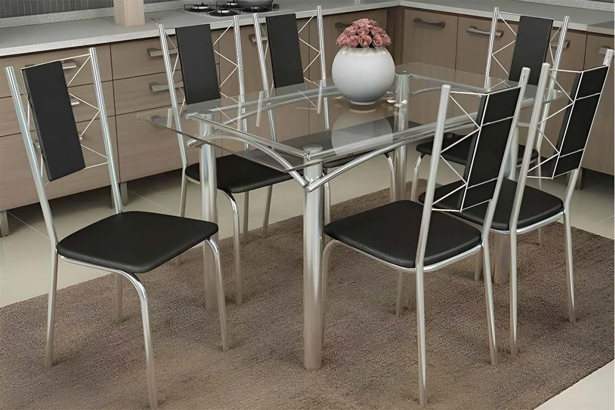 Sala Jantar Mesa Elba c/ Tampo de Vidro 120cm e 6 Cadeiras Lisboa - Kappesberg