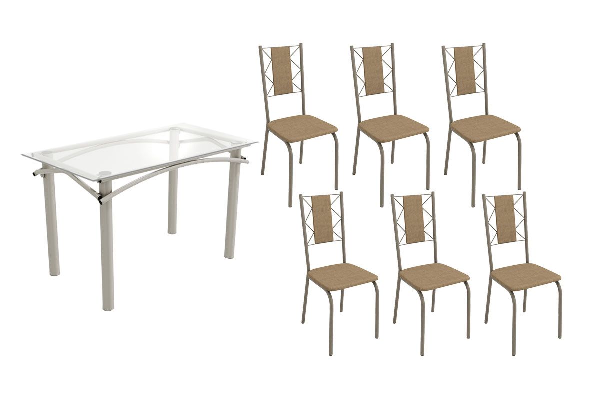 Sala Jantar Mesa Elba c/ Tampo de Vidro 120cm e 6 Cadeiras Lisboa - Kappesberg