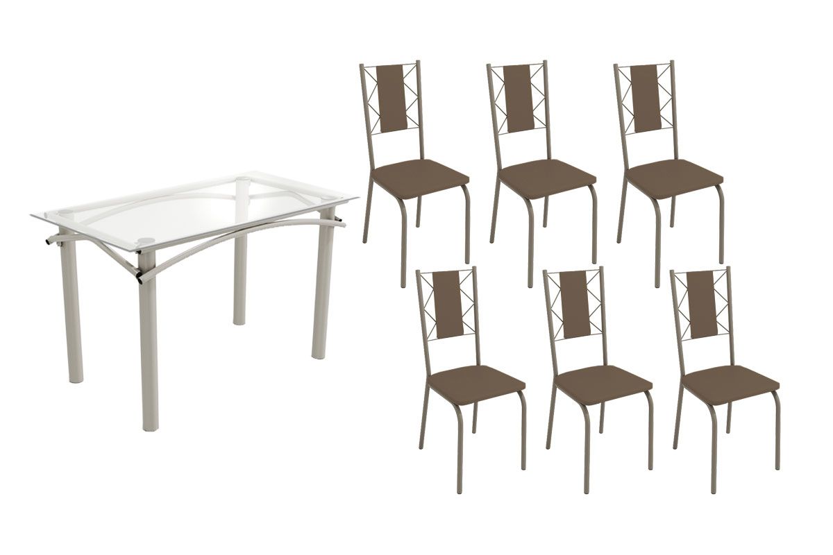 Sala Jantar Mesa Elba c/ Tampo de Vidro 120cm e 6 Cadeiras Lisboa - Kappesberg