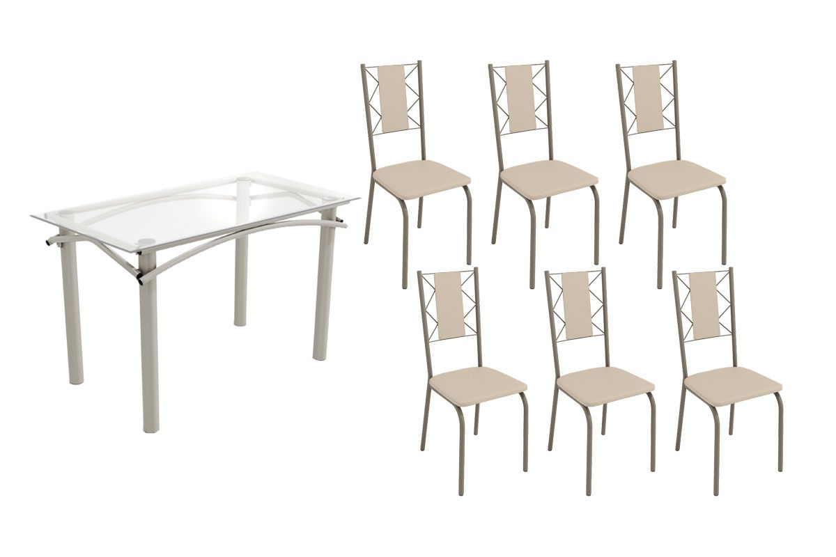 Sala Jantar Mesa Elba c/ Tampo de Vidro 120cm e 6 Cadeiras Lisboa - Kappesberg