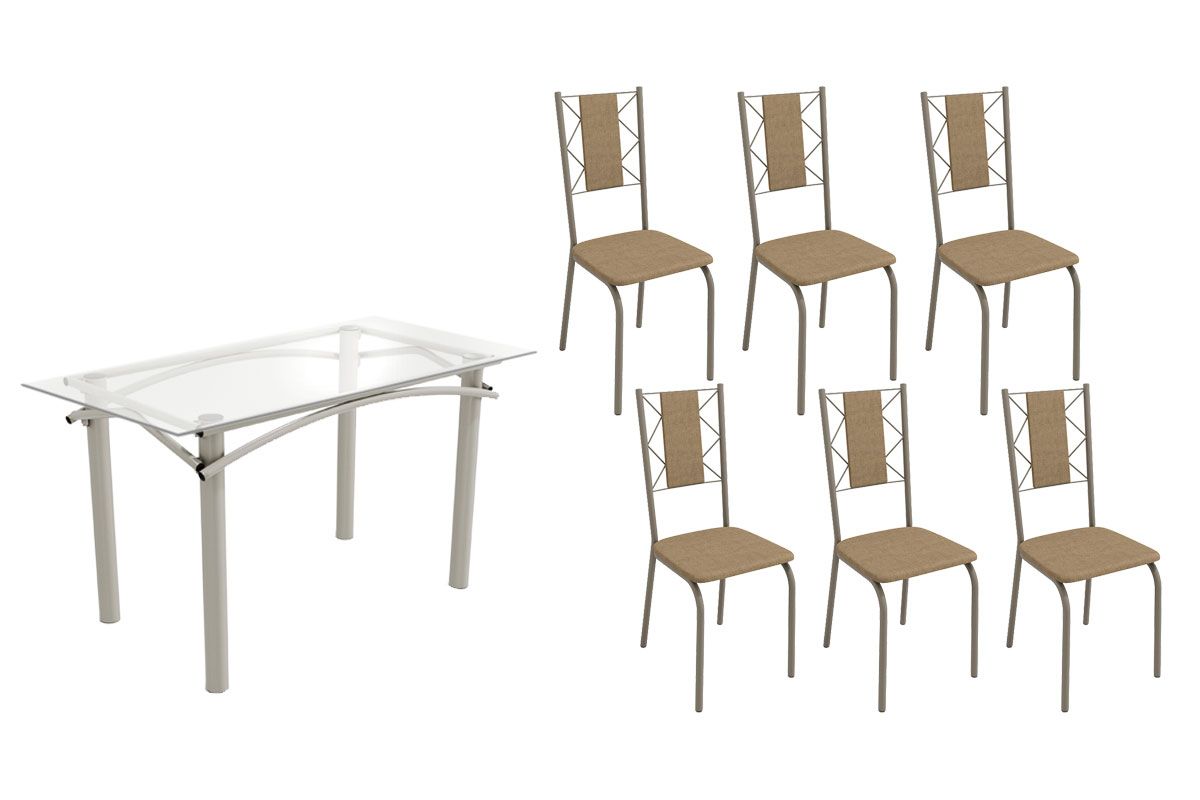Sala Jantar Mesa Elba c/ Tampo de Vidro 150cm e 6 Cadeiras Lisboa - Kappesberg