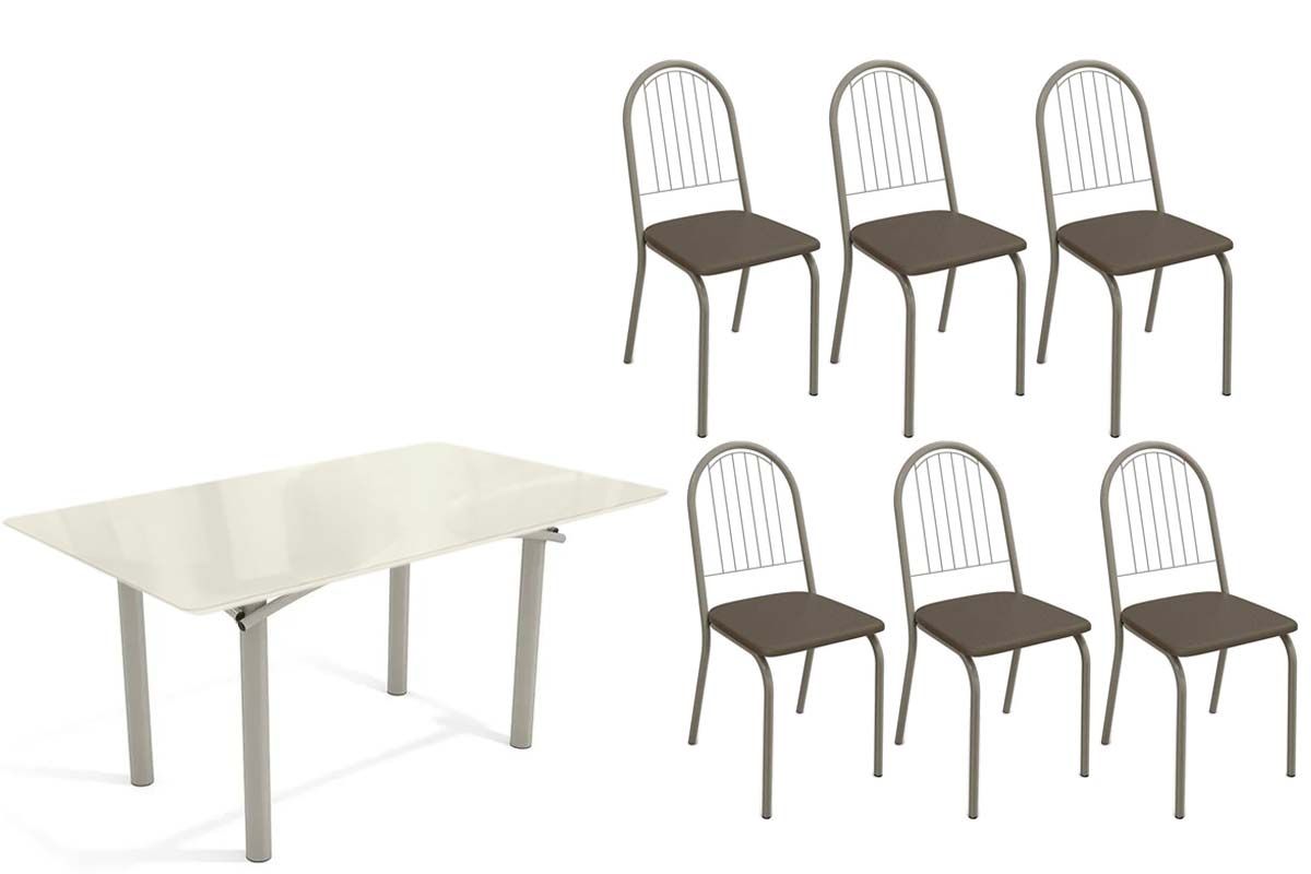 Sala Jantar Mesa Elba Tampo Madeirado c/ Vidro 160cm e 6 Cadeiras Noruega - Kappesberg