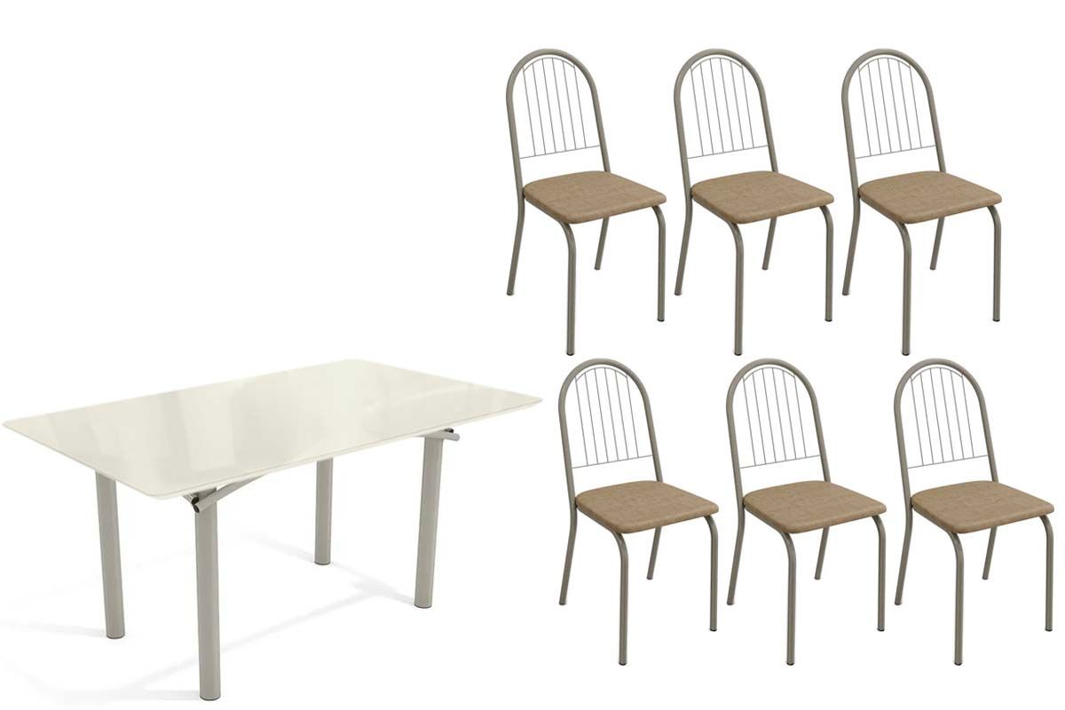 Sala Jantar Mesa Elba Tampo Madeirado c/ Vidro 160cm e 6 Cadeiras Noruega - Kappesberg