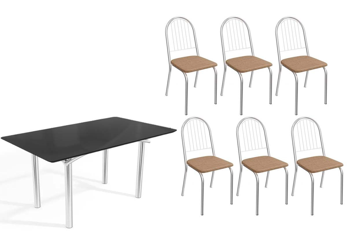 Sala Jantar Mesa Elba Tampo Madeirado c/ Vidro 160cm e 6 Cadeiras Noruega - Kappesberg