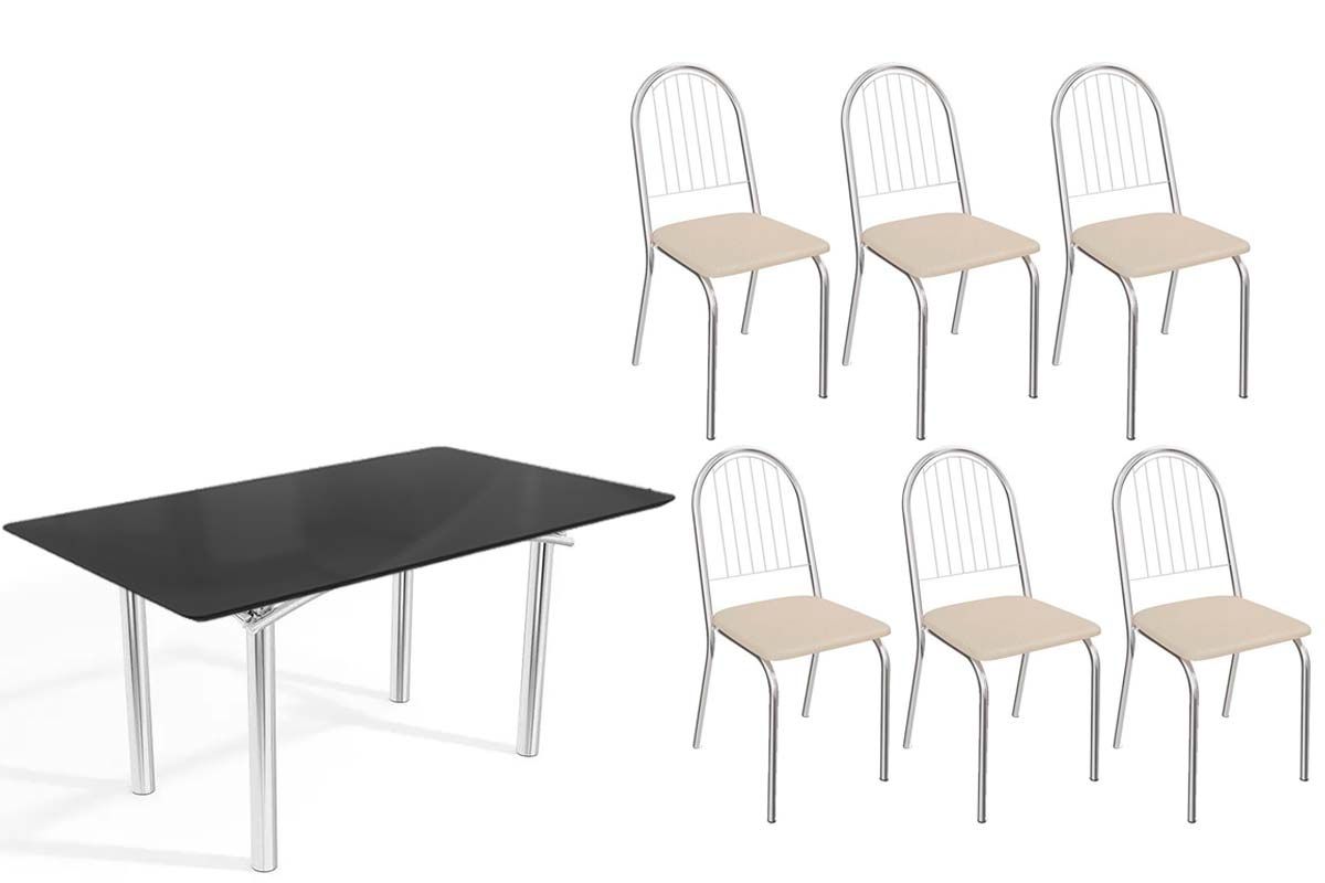 Sala Jantar Mesa Elba Tampo Madeirado c/ Vidro 160cm e 6 Cadeiras Noruega - Kappesberg