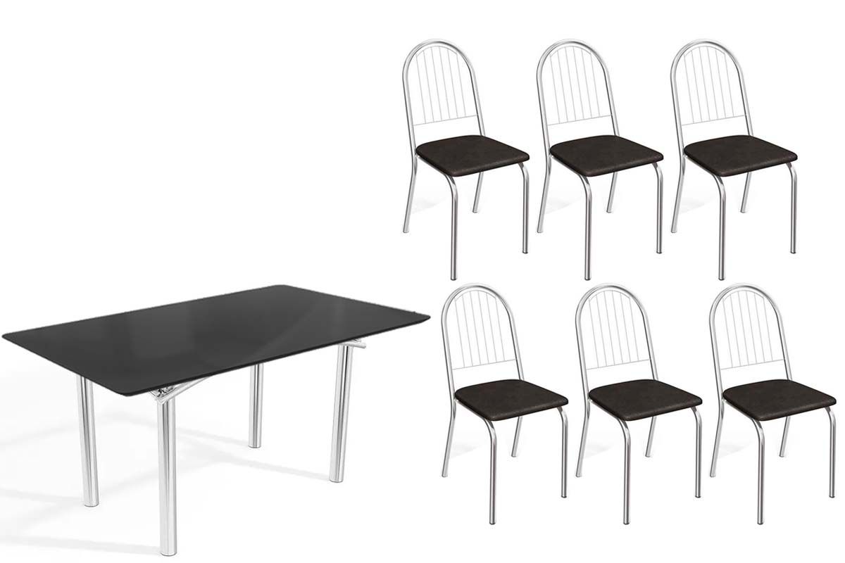 Sala Jantar Mesa Elba Tampo Madeirado c/ Vidro 160cm e 6 Cadeiras Noruega - Kappesberg
