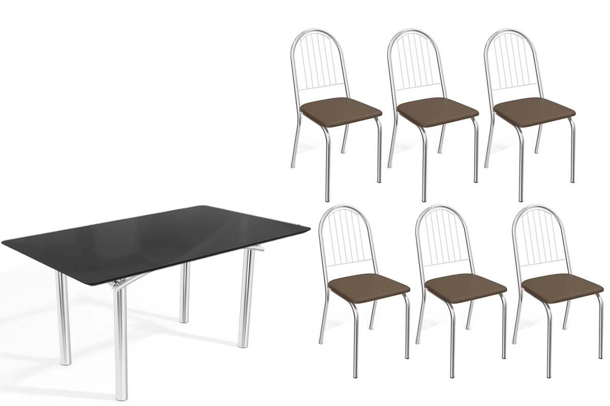 Sala Jantar Mesa Elba Tampo Madeirado c/ Vidro 160cm e 6 Cadeiras Noruega - Kappesberg