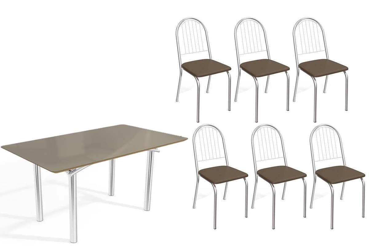 Sala Jantar Mesa Elba Tampo Madeirado c/ Vidro 160cm e 6 Cadeiras Noruega - Kappesberg