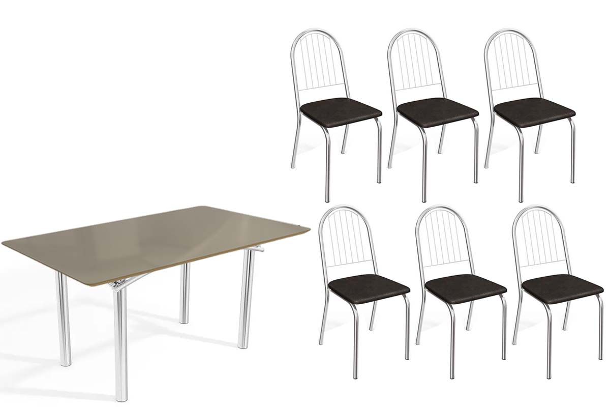 Sala Jantar Mesa Elba Tampo Madeirado c/ Vidro 160cm e 6 Cadeiras Noruega - Kappesberg