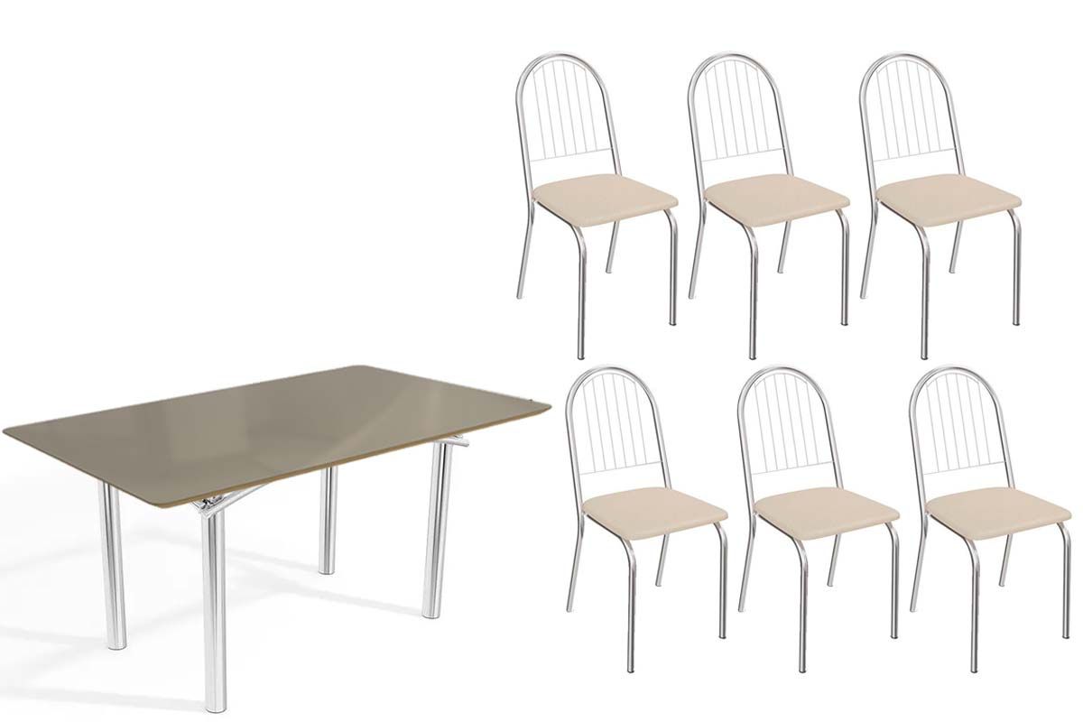 Sala Jantar Mesa Elba Tampo Madeirado c/ Vidro 160cm e 6 Cadeiras Noruega - Kappesberg