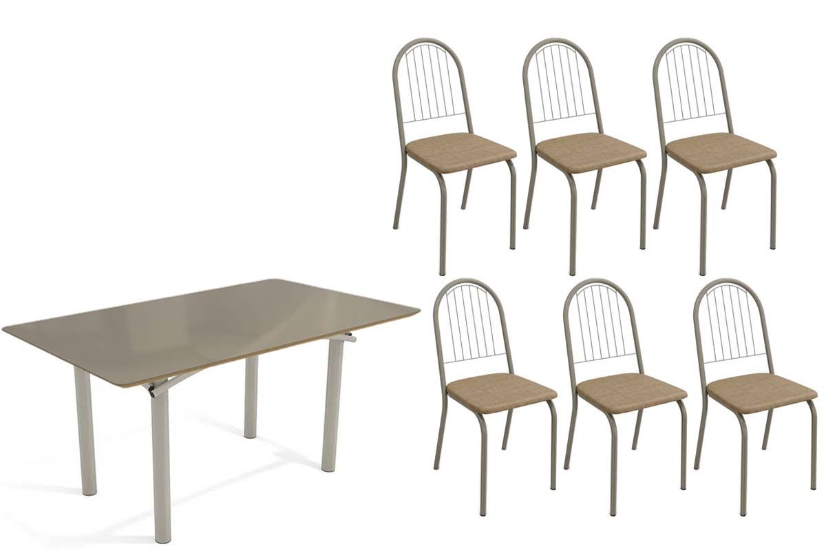 Sala Jantar Mesa Elba Tampo Madeirado c/ Vidro 160cm e 6 Cadeiras Noruega - Kappesberg