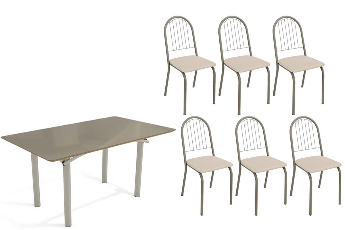 Sala Jantar Mesa Elba Tampo Madeirado c/ Vidro 160cm e 6 Cadeiras Noruega - Kappesberg