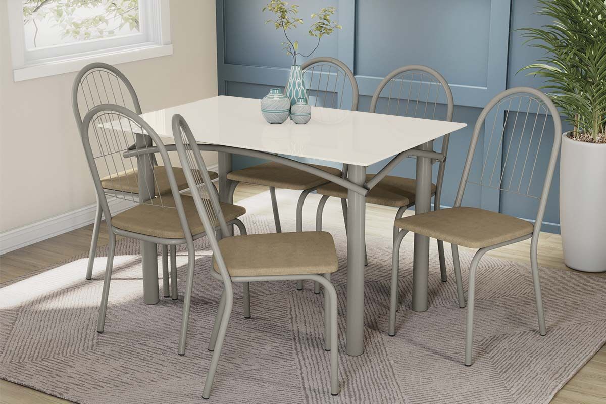 Sala Jantar Mesa Elba Tampo Madeirado c/ Vidro 120cm e 6 Cadeiras Noruega - Kappesberg