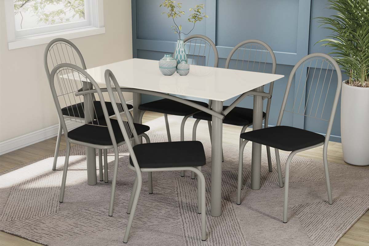 Sala Jantar Mesa Elba Tampo Madeirado c/ Vidro 120cm e 6 Cadeiras Noruega - Kappesberg