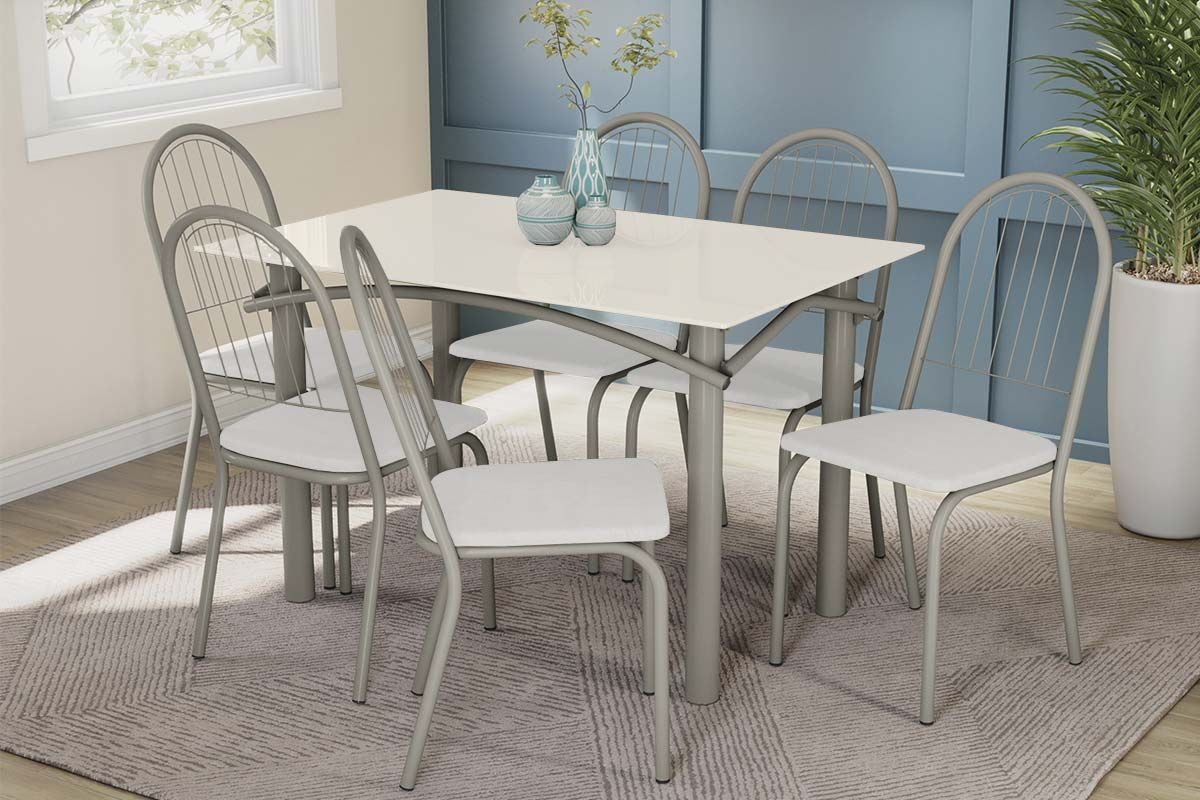 Sala Jantar Mesa Elba Tampo Madeirado c/ Vidro 120cm e 6 Cadeiras Noruega - Kappesberg