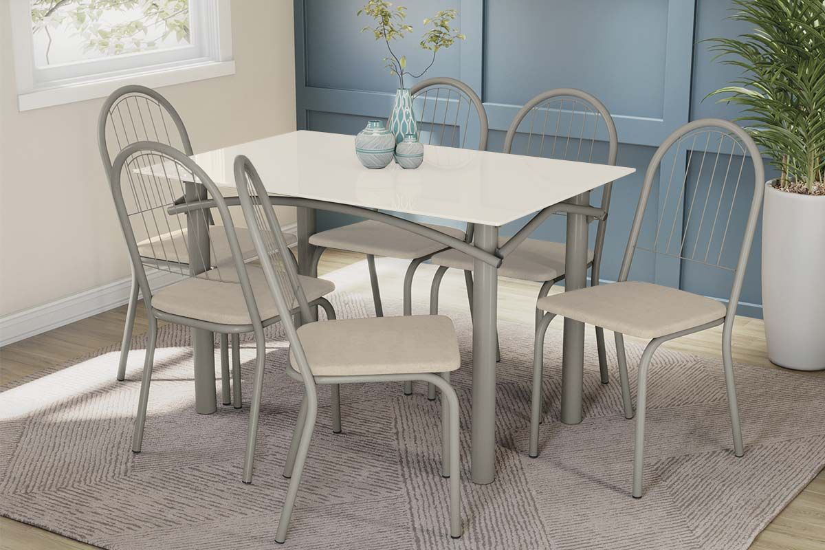 Sala Jantar Mesa Elba Tampo Madeirado c/ Vidro 120cm e 6 Cadeiras Noruega - Kappesberg