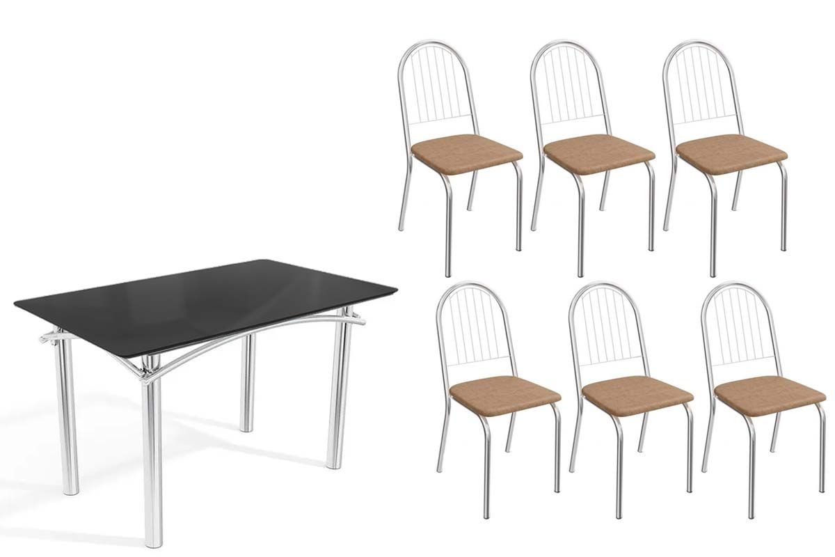 Sala Jantar Mesa Elba Tampo Madeirado c/ Vidro 120cm e 6 Cadeiras Noruega - Kappesberg