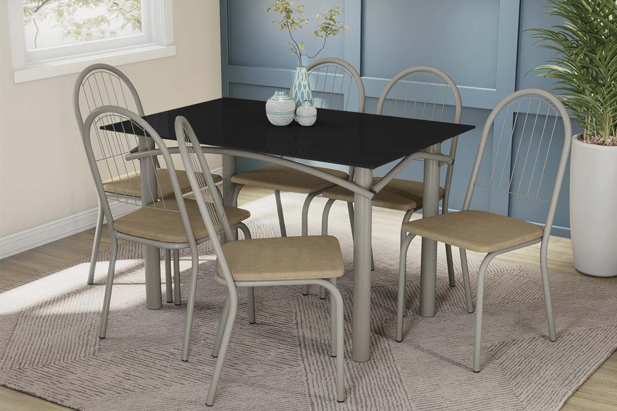 Sala Jantar Mesa Elba Tampo Madeirado c/ Vidro 120cm e 6 Cadeiras Noruega - Kappesberg