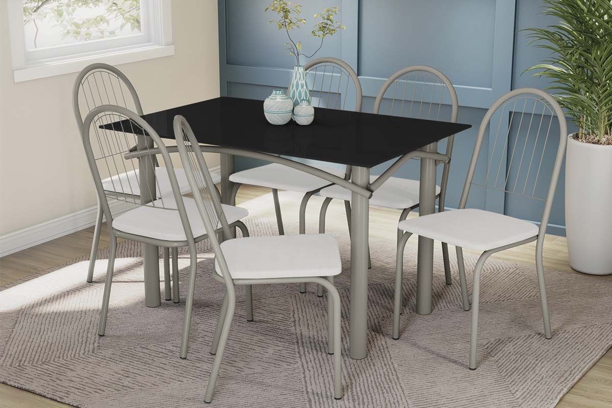 Sala Jantar Mesa Elba Tampo Madeirado c/ Vidro 120cm e 6 Cadeiras Noruega - Kappesberg