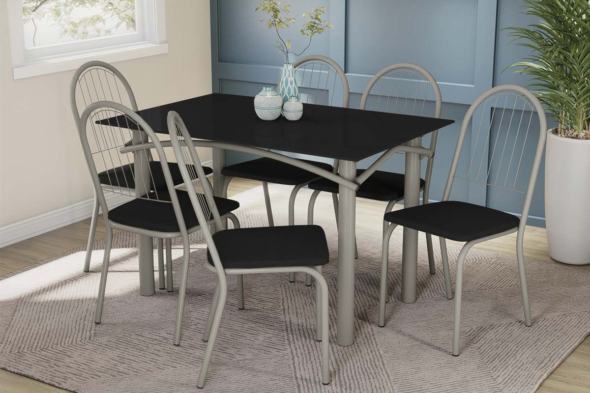 Sala Jantar Mesa Elba Tampo Madeirado c/ Vidro 120cm e 6 Cadeiras Noruega - Kappesberg