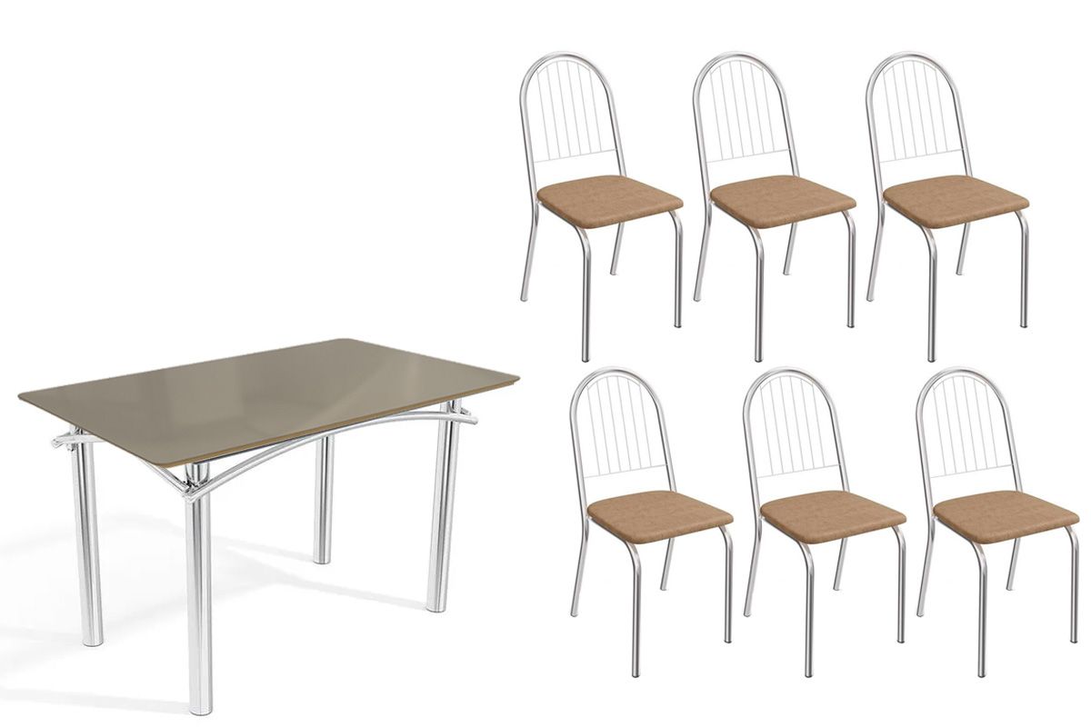 Sala Jantar Mesa Elba Tampo Madeirado c/ Vidro 120cm e 6 Cadeiras Noruega - Kappesberg