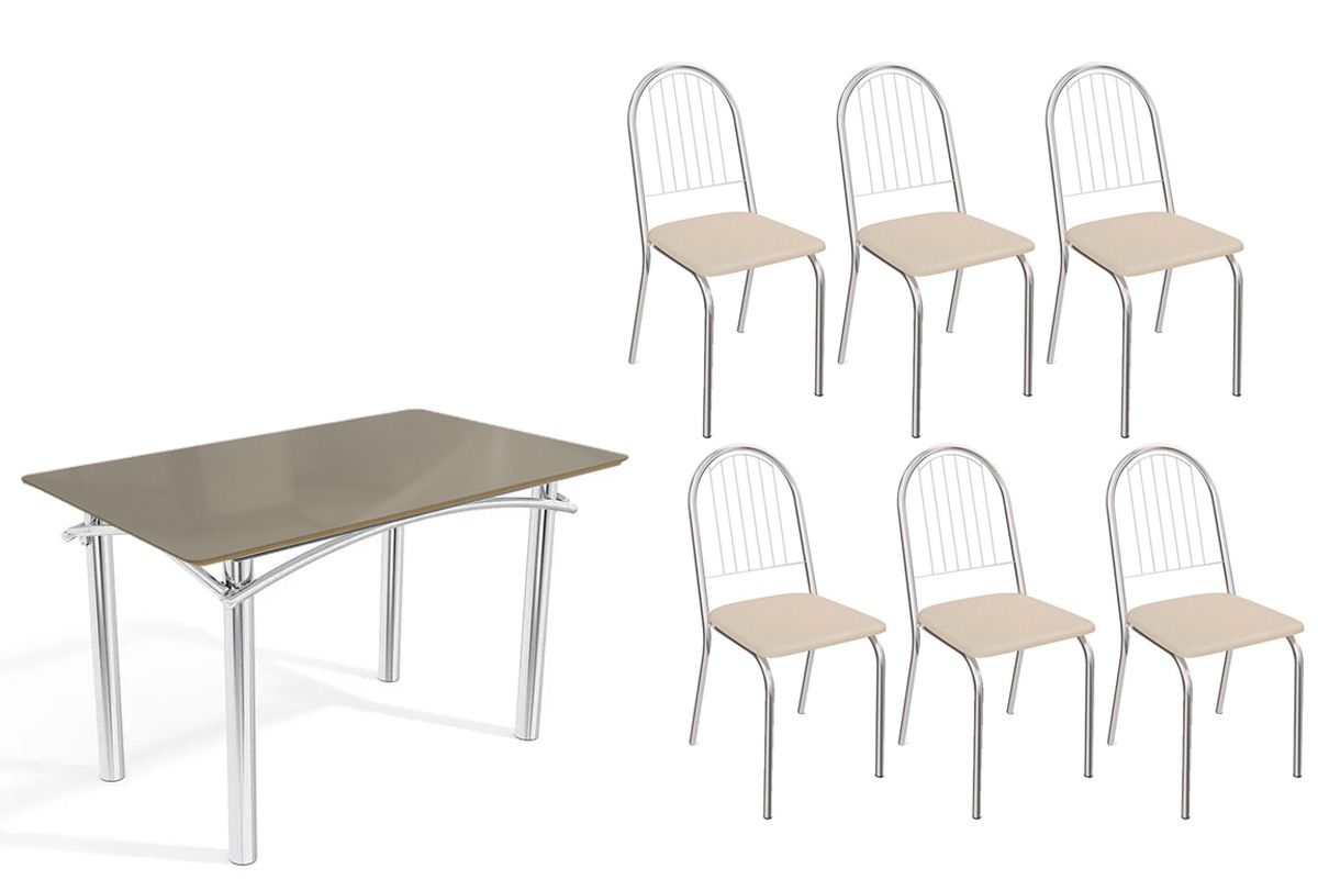 Sala Jantar Mesa Elba Tampo Madeirado c/ Vidro 120cm e 6 Cadeiras Noruega - Kappesberg