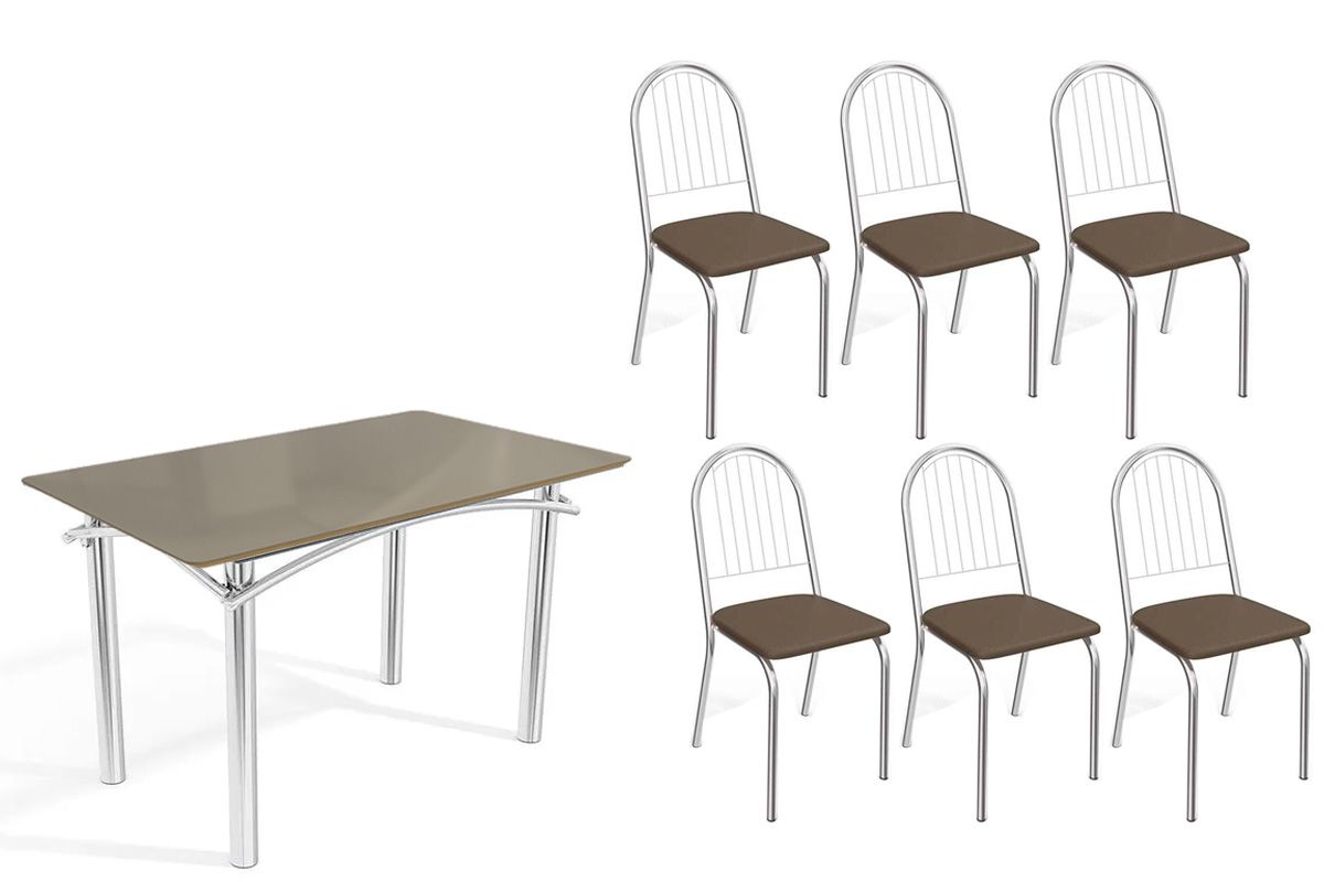 Sala Jantar Mesa Elba Tampo Madeirado c/ Vidro 120cm e 6 Cadeiras Noruega - Kappesberg
