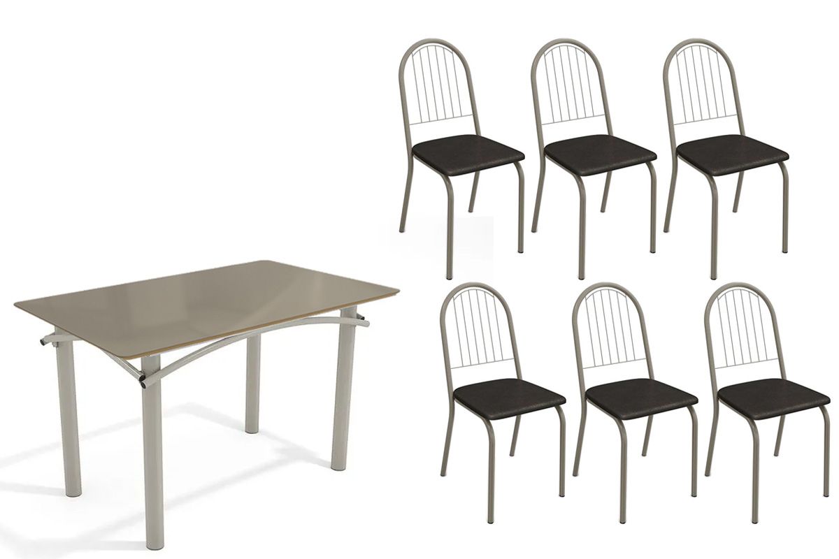 Sala Jantar Mesa Elba Tampo Madeirado c/ Vidro 120cm e 6 Cadeiras Noruega - Kappesberg