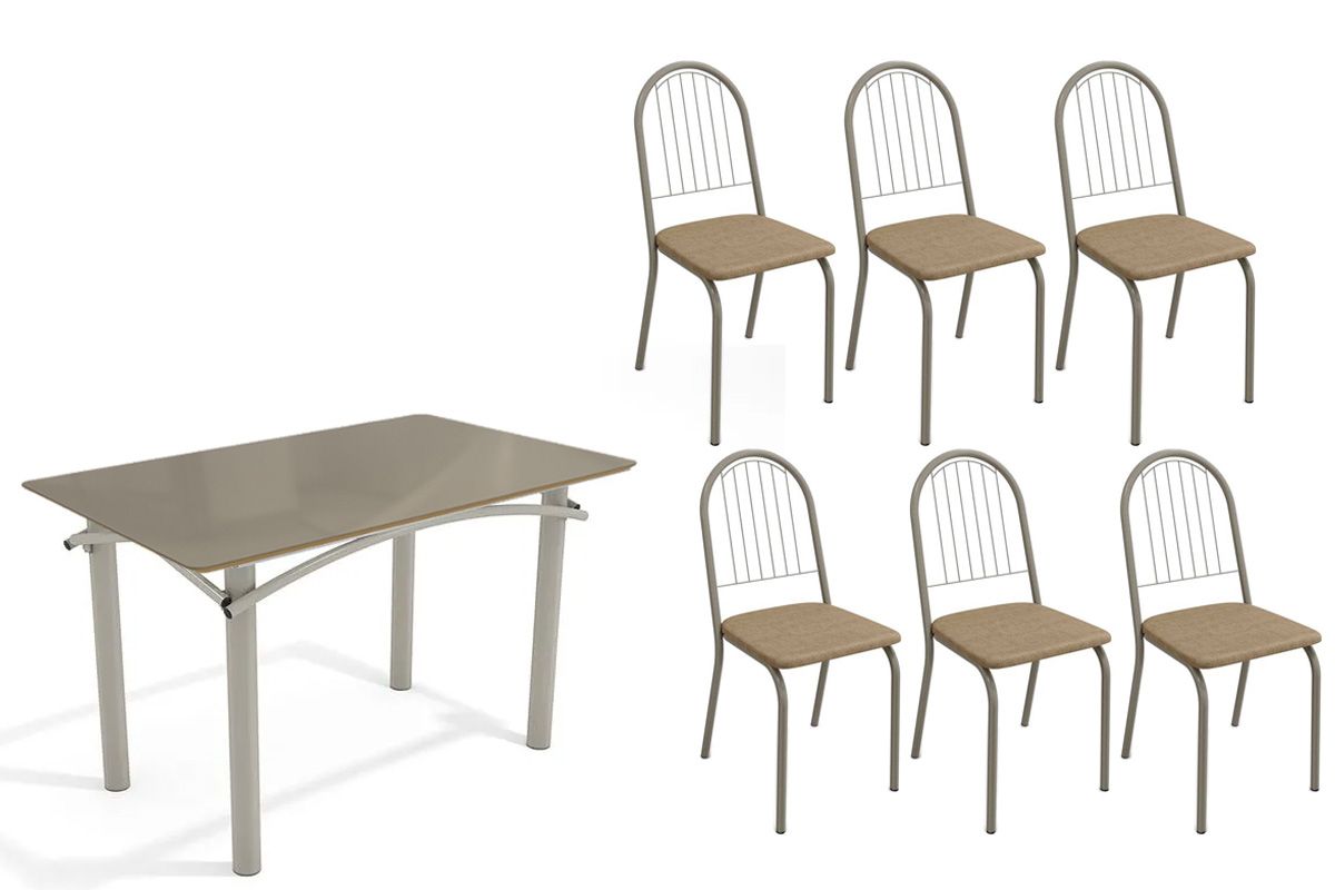 Sala Jantar Mesa Elba Tampo Madeirado c/ Vidro 120cm e 6 Cadeiras Noruega - Kappesberg