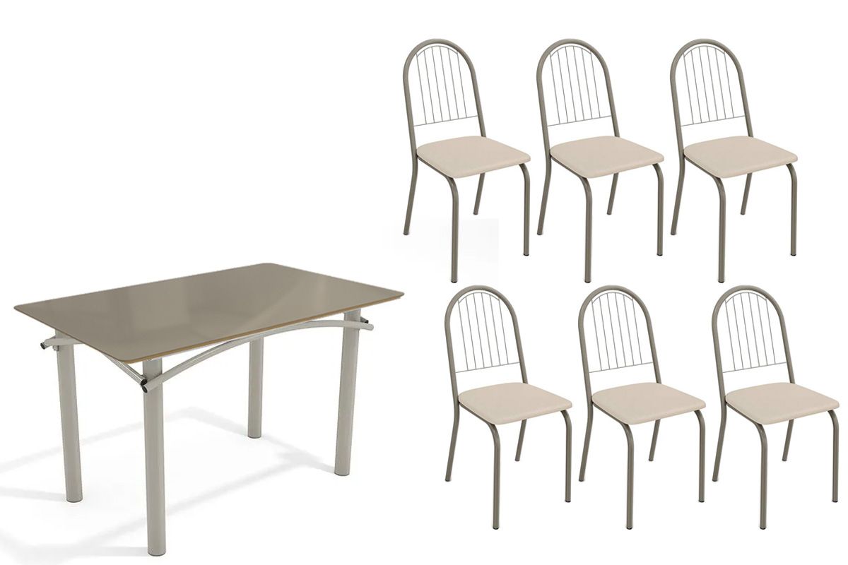 Sala Jantar Mesa Elba Tampo Madeirado c/ Vidro 120cm e 6 Cadeiras Noruega - Kappesberg