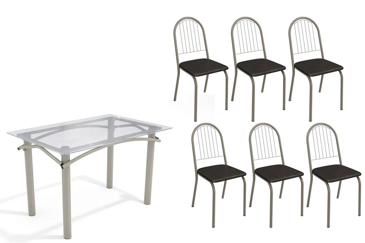 Sala Jantar Mesa Elba c/ Tampo de Vidro 120cm e 6 Cadeiras Noruega - Kappesberg