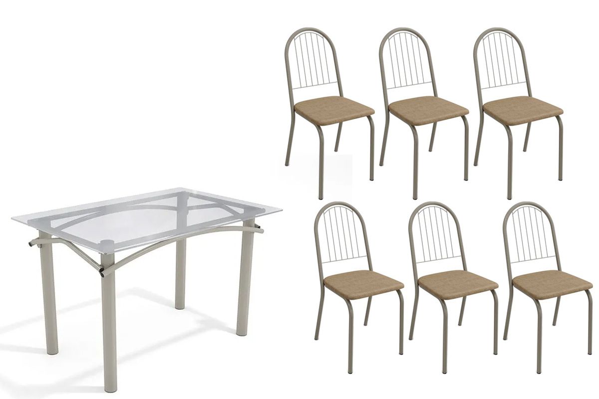 Sala Jantar Mesa Elba c/ Tampo de Vidro 120cm e 6 Cadeiras Noruega - Kappesberg