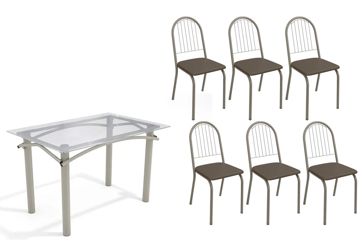 Sala Jantar Mesa Elba c/ Tampo de Vidro 120cm e 6 Cadeiras Noruega - Kappesberg