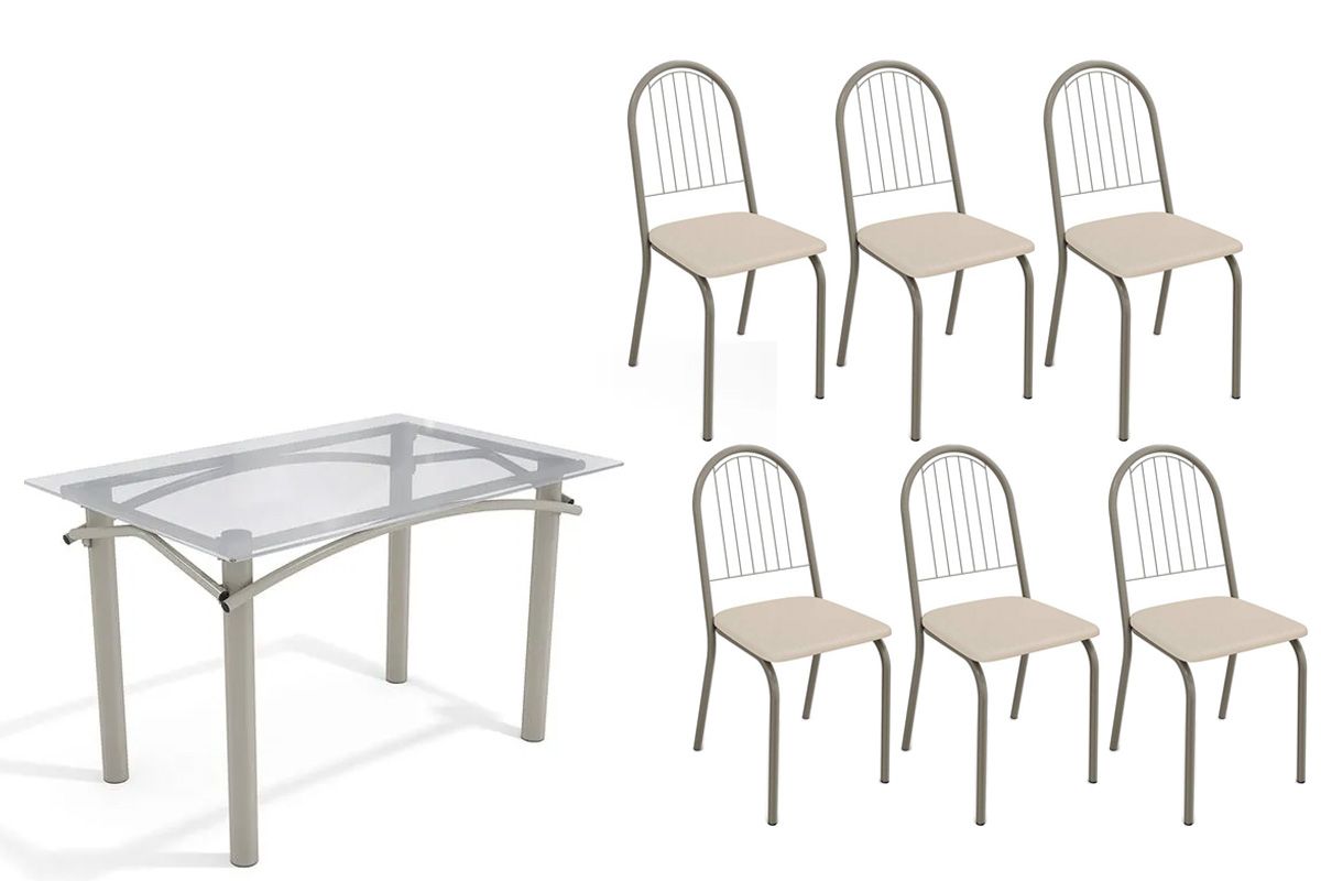 Sala Jantar Mesa Elba c/ Tampo de Vidro 120cm e 6 Cadeiras Noruega - Kappesberg