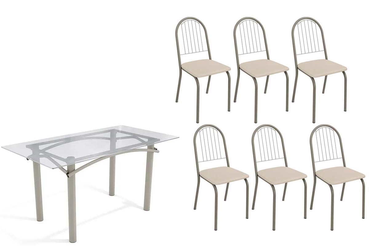 Sala Jantar Mesa Elba c/ Tampo de Vidro 150cm e 6 Cadeiras Noruega - Kappesberg