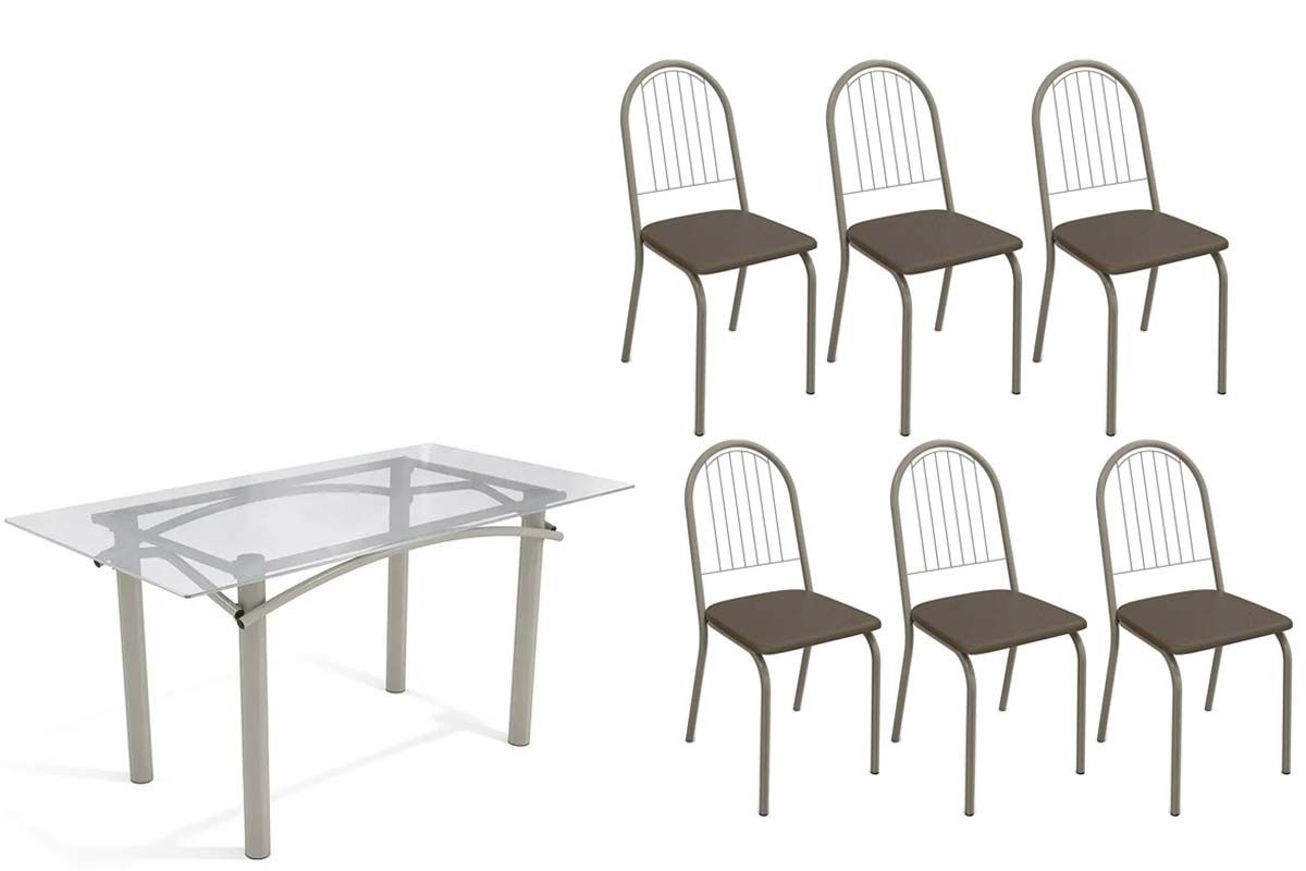 Sala Jantar Mesa Elba c/ Tampo de Vidro 150cm e 6 Cadeiras Noruega - Kappesberg