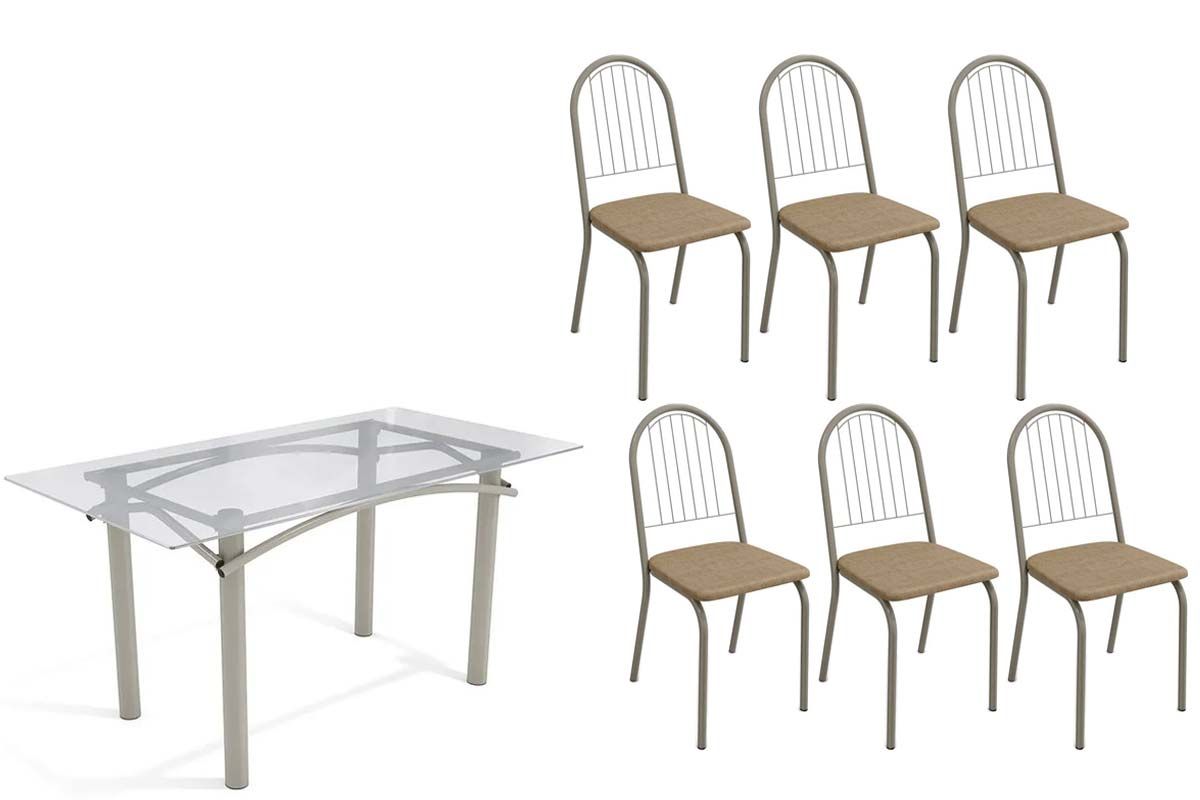 Sala Jantar Mesa Elba c/ Tampo de Vidro 150cm e 6 Cadeiras Noruega - Kappesberg