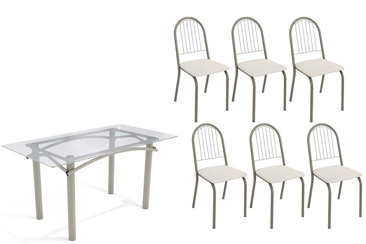 Sala Jantar Mesa Elba c/ Tampo de Vidro 150cm e 6 Cadeiras Noruega - Kappesberg