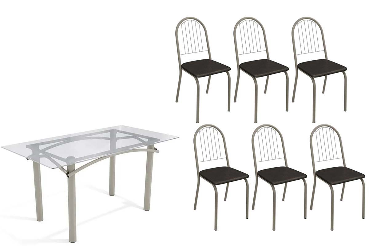 Sala Jantar Mesa Elba c/ Tampo de Vidro 150cm e 6 Cadeiras Noruega - Kappesberg
