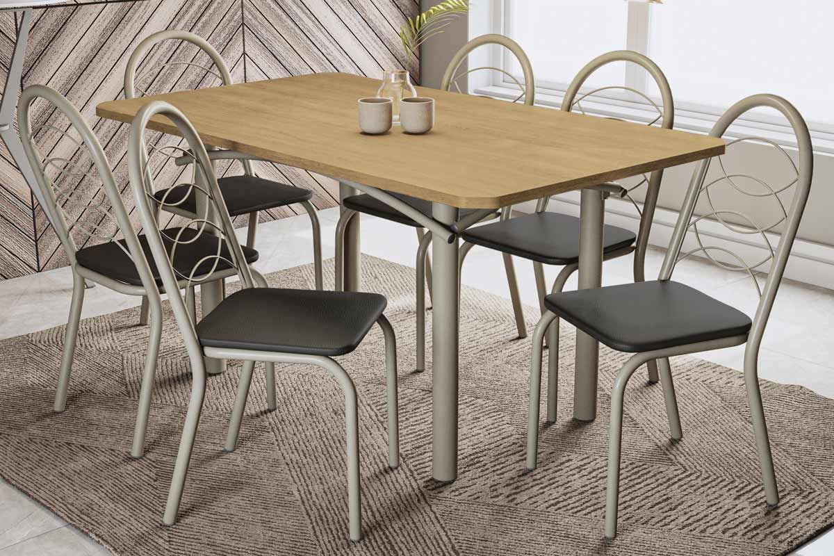 Sala Jantar Mesa Elba c/ Tampo de Madeira 160cm e 6 Cadeiras Noruega - Kappesberg
